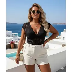 Body  MANGUINHA Renda Rendado Alça Larga Manga Curta Plus Size com Bojo