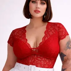 Body Plus Size Renda com Manguinha MODA PLUS MANGUINHA EM RENDA BODY PLUS