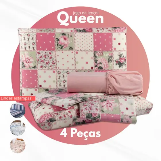 Jogo de Lençol Casal Queen 4 Peças Estampado - Microfibra - 100% POLIESTER - Estampas Sortidas Size Cama Kit