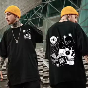 Camiseta Básica Masculina Streetwear Estampada Gato Livro Caveira Camisa 100% Algodão