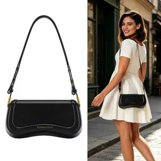 ROMANTIC CROWN Bolsa de Ombra Feminina com Alça Ajustável, Bolsa Feminina Elegante com Couro Sintetico Preto, Presente