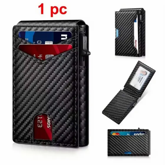 Porta Cartão 2 em 1 Masculino RFID Anti-Roubo de Estampa Fibra de Carbono para Cartões e CNH 8184 8409