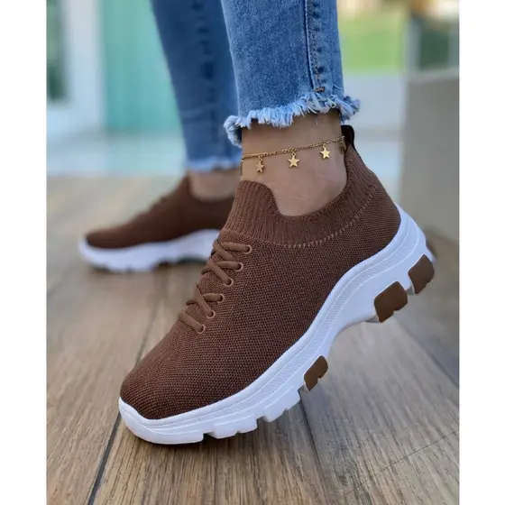 Tênis Feminino Meia Chunky JM Plataforma Confortável Com Cadarço