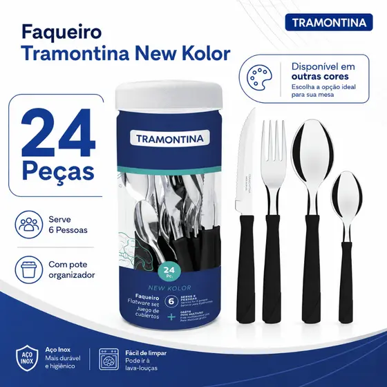 Jogo De Talheres Faqueiro Tramontina Aço Inox New Kolor 24 Peças