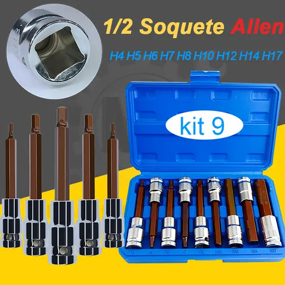 Kit de Bits 1/2 soquete Allen Comprido para Chave de Impacto e Parafusadeira Elétrica Compatível com Chave de Catraca