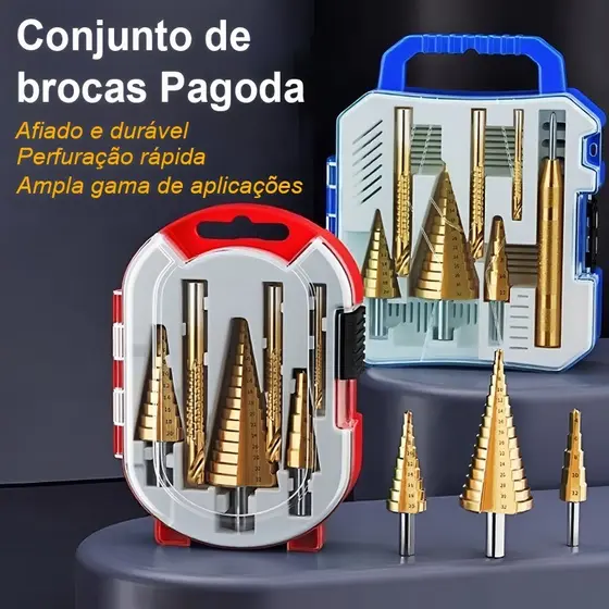 Broca Titânio Escalonada Amarela Aço / Broca Corte Lateral Marcador Punção Com Estojo Organizador P/Metal Aluminio Cobre