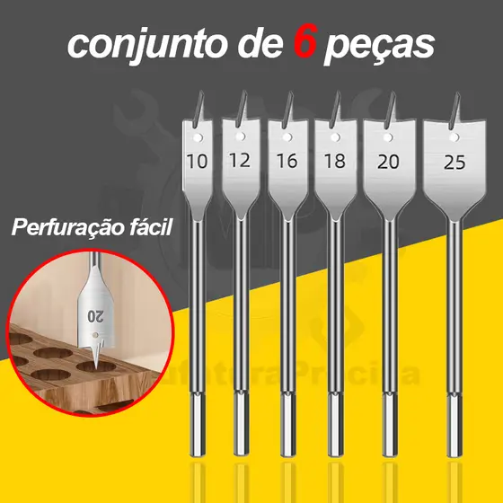 Jogo de Broca Chata para Madeira com 6 Kit Brocas Chata Madeia Marcenaria Móveis