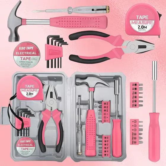 🌸Ferramentas Colorida Rosa para Mulher, Kit com 13/24Unidades para Reparos Domésticos e DIY