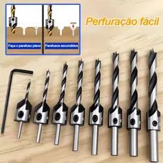 Kit Jogo Broca Escariadora 8 Peças Madeira Piloto Chanfro para Madeira Aço HSS 3 a 10mm