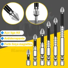 Kit 6 Bits K5 de Parafuso Cruzado | Bits Anti-Impacto Magnéticos Duráveis 25-150mm