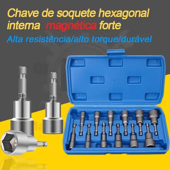 Conjunto de Soquetes Hexagonal com Imã Forte 12 Peças 65mm para Chave de Impacto e Parafusadeira Elétrica