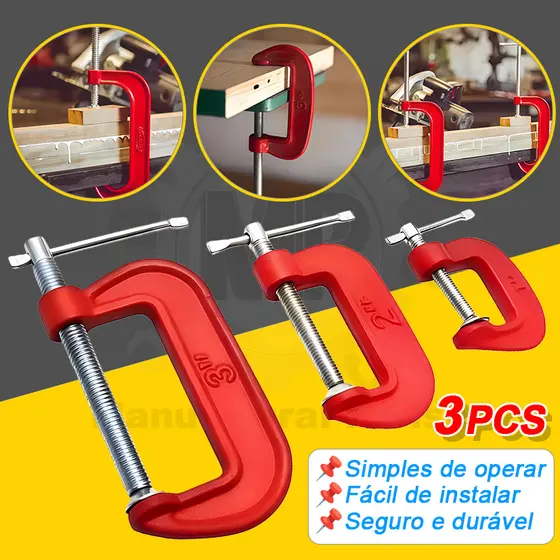 Kit 3 Grampos Sargento Tipo C 1 2 3 Polegadas Ferro Fundido Resistente para Marcenaria