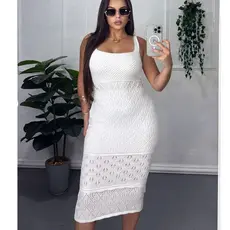 Vestido Feminino Midi Tricot Rendado Sem Manga Elegante Vestidos Verão Moda Casual Chic Premium
