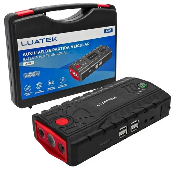 Auxiliar de Partida Veicular 12V 600A Powerbank 12000mAh Lanterna LED Maleta de Transporte