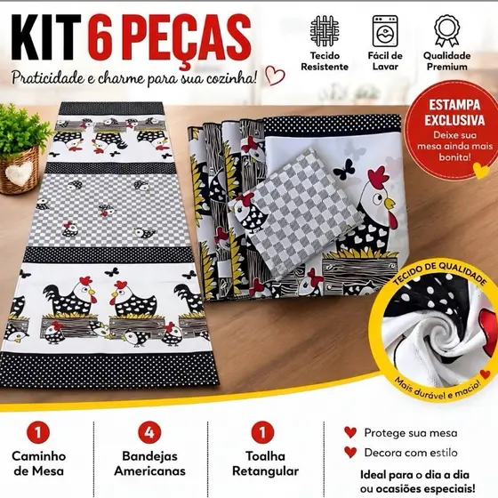 Kit De Cozinha 6 Peças (Jogo Americano - Estampado) - Casa Decoração - PREÇO DE FÁBRICA.