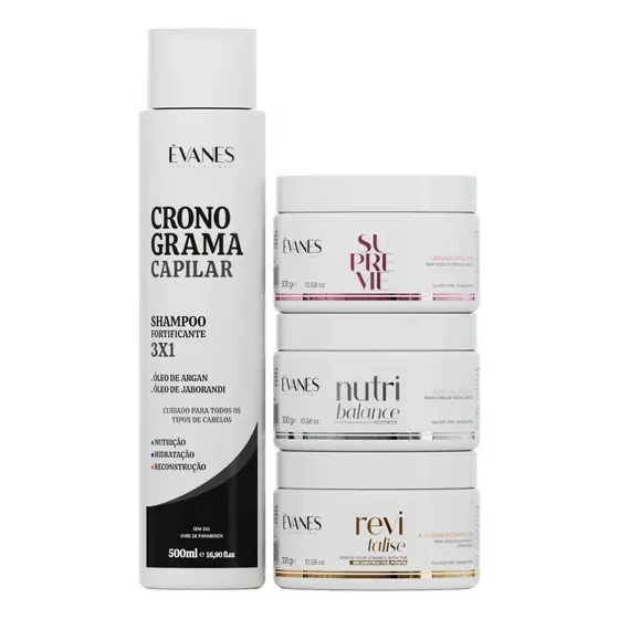 Kit Cronograma Capilar Evanes 4 em 1 Shampoo 3 Máscaras