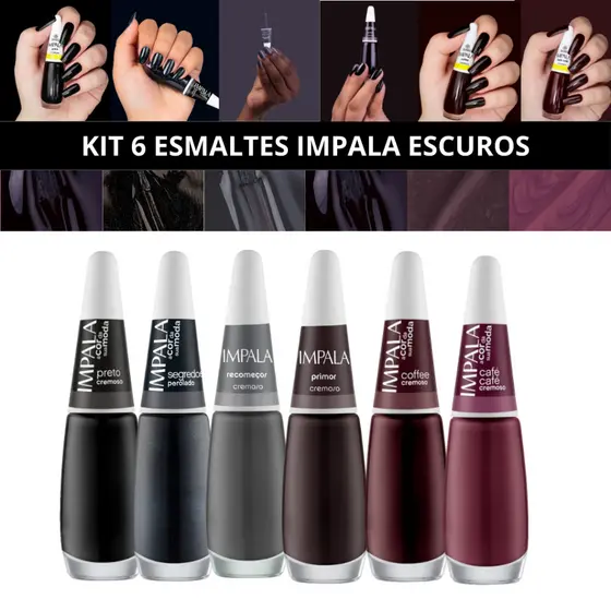 KIT ESMALTES IMPALA TONS PRETO CINZA E MARROM ESCURO CLÁSSICOS MANICURE TENDÊNCIA