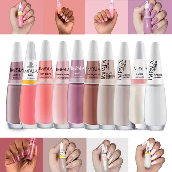 KIT ESMALTES IMPALA TONS CLAROS TRANSPARENTES BRANCO ROSA NUDE 7ML