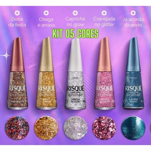 COLEÇÃO ESMALTES RISQUÉ LIVRE PARA BRILHAR | KIT 5 CORES | GLITTER E METÁLICO