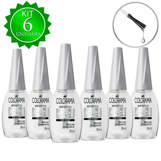 KIT 6UN ESMALTE TOP COAT GEL COLORAMA 8ML BRILHO DIAMANTE