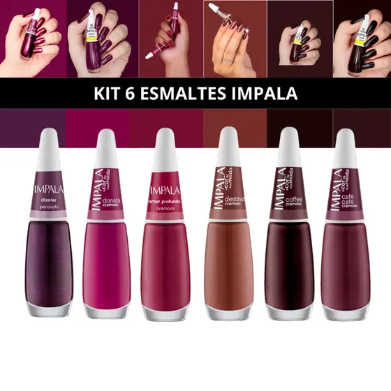 KIT DE ESMALTES IMPALA 6 CORES TONS ESCUROS ROXO MARROM ROSA