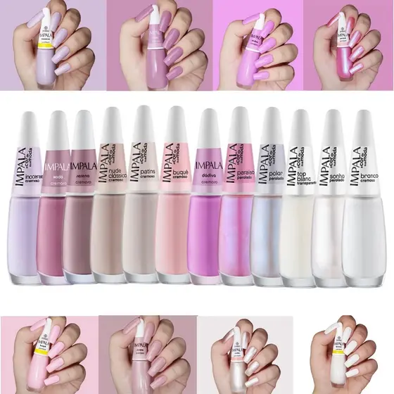 KIT ESMALTE IMPALA TONS BRANCO LILAS CLAROS NUDES CREMOSO PEROLADO
