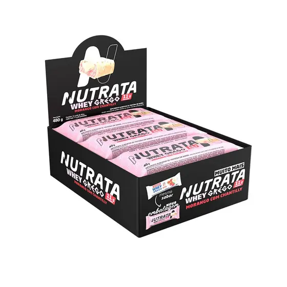 Whey Grego Bar 12Un 40g Sabor Morango Com Chantily - Nutrata