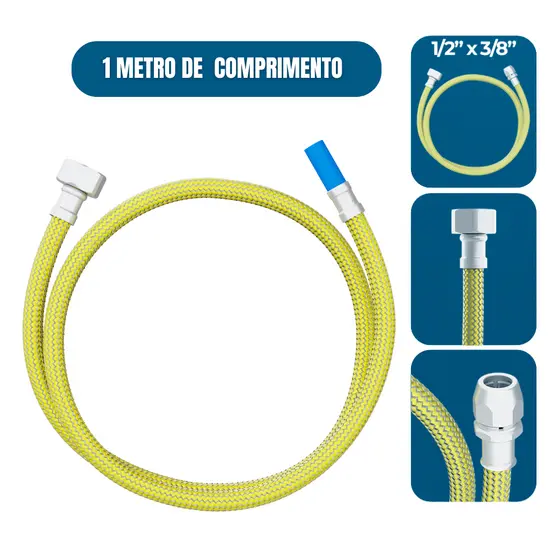 Ligação Flexível Mangueira 1M Gás Blukit Economy GLP GN GNF Aço Inox Rosca 1/2 Macho Fêmea Fogão