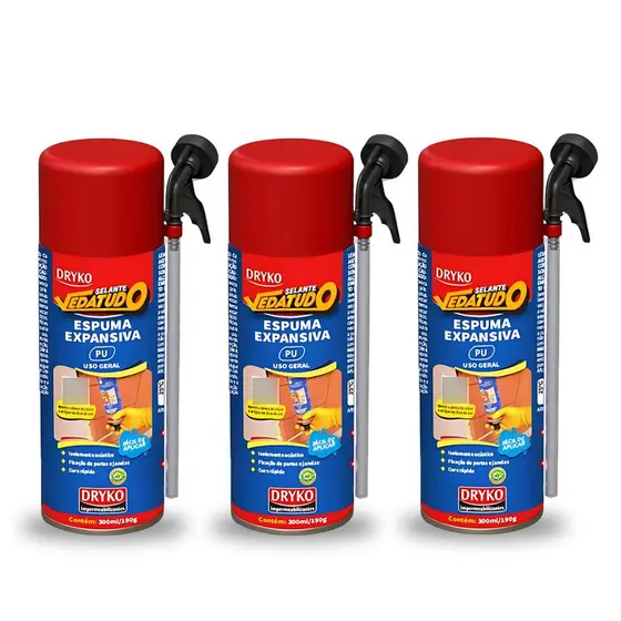 Kit 3 Espuma Expansiva PU 300ml 190g Vedatudo Dryko Poliuretano Selante Fixação VedaçãoIsolamento Térmico Metal Bico