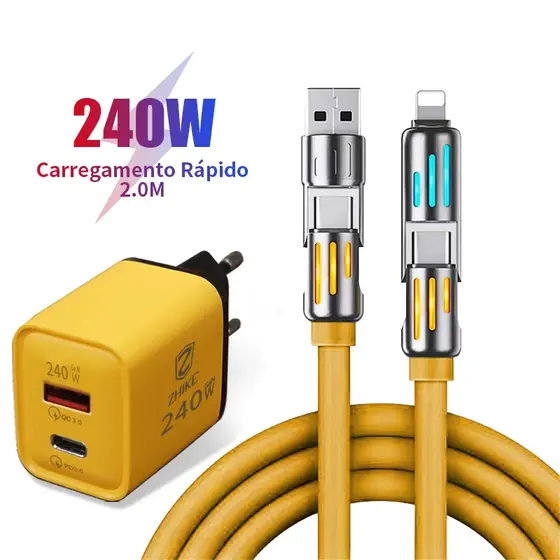 Carregador Cabo Carregamento Rápido Redondo 4 Em 1 USB Tipo C iP 2.0M Silicone Com Adaptador GaN