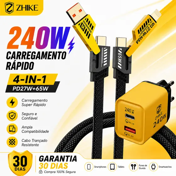 Kit Cabo Carregador Carregamento Rápido 4 Em 1 USB Tipo C Para iP 1M Trança Nylon Com GaN Adaptador