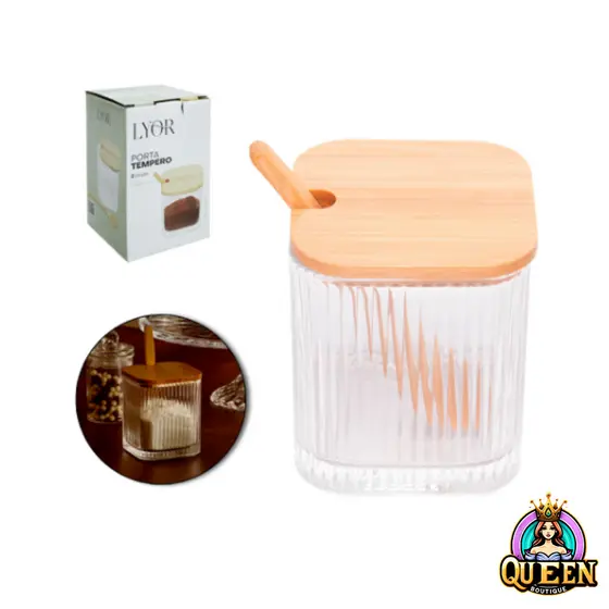 Açucareiro Porta Tempero Condimento De Vidro Com Colher e Tampa De Bambu Madeira LINES Lyor 400ml