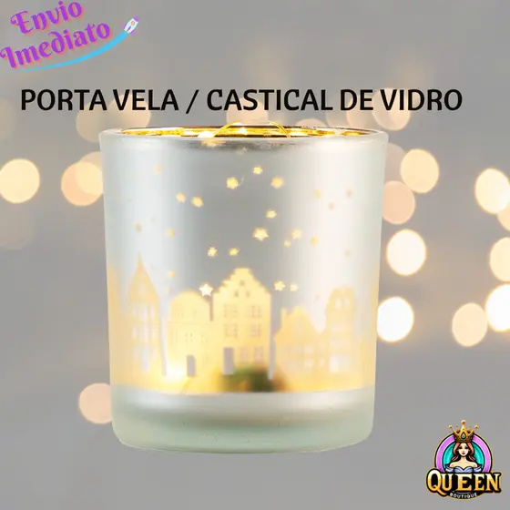 Porta Vela Castiçal De Vidro Redondo Floco de Neve ou Cidade Natalina 8X7,3CM DE ØCom ou Sem Vela Led Natal