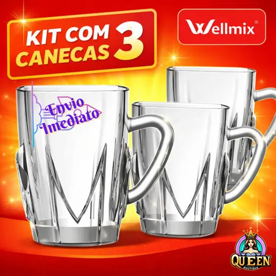 Kit 3 Canecas de Vidro Transparente Cristal 230ml para Café Cappuccino e Chá Caneca Vidro Elegante