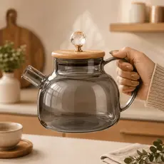 Chaleira de Vidro com Tampa Bambu Premium Borossilicato 1,8L Bule Café Chá