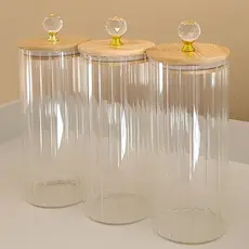 Pote de Vidro Com Tampa Bambu CANELADO CRISTAL De Vidro 1050ML Porta Mantimentos cozinha Pote Hermético