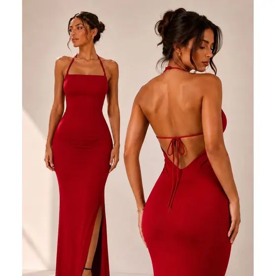 Vestido LONGO Feminino Luxo Vestido com fenda Feminino Vestido de alcinha Verão Tropical Longo Colado Vestido Vermelho