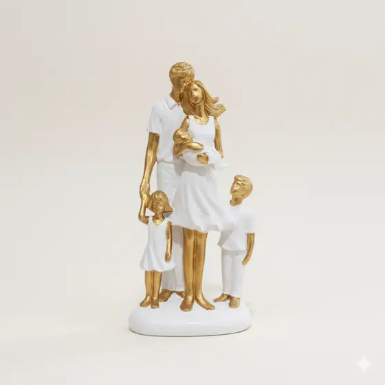 Escultura Estatua Família com Filhos Decorativa Luxo em Dourado e Branco, Pai, Mãe, Filho, Filha e Bebê