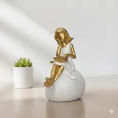 Escultura Menina Lendo Livro Decorativa Luxo Estatueta Moderna Sala Escritório Presente