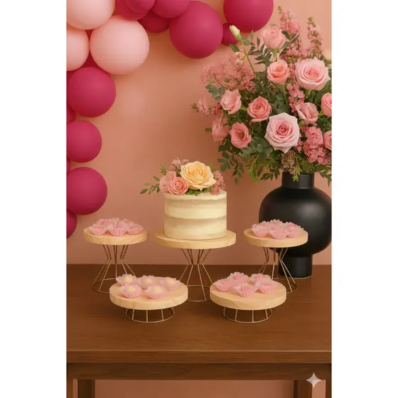 Kit 5 Boleiras para Festa em Ferro e Madeira – Decoração Rústica Luxo para Aniversário, Casamento e Eventos
