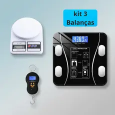 Kit Balança Digital Bioimpedância Corporal App Bluetooth 180kg + Balança de Cozinha 10kg + Balança Mala Gancho 50Kg