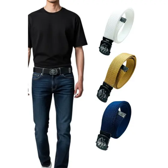 Cinto Masculino Plus Size Básico Tecido Nylon Resistente Fivela Caveira Grafite Ajustável - Felipe