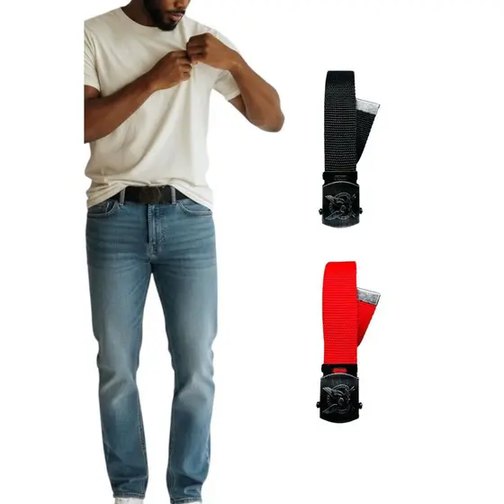 Kit 2 Cinto Masculino Elegante Da Moda Plus Size Tecido Nylon Fivela Águia Grafite Básico - Kael