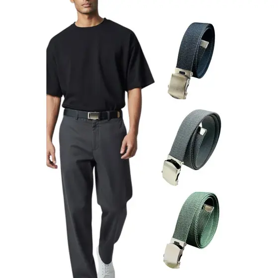 Kit 3 Cinto Masculino Elegante Plus Size Tecido Nylon Resistente Fivela De Metal Prata - Pietro