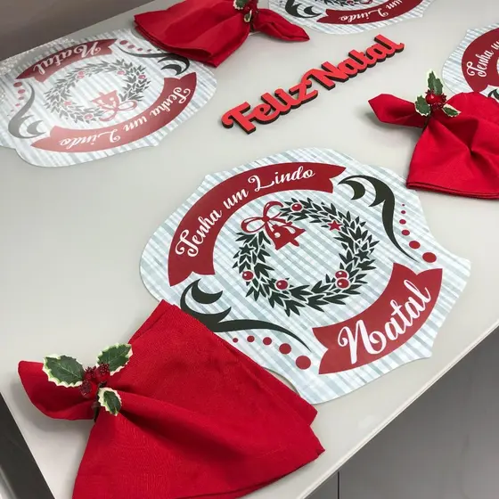 Kit Mesa Posta Natalina Jogo Americano porta guardanapo decoração de Natal tecido PVC resistente impermeável Natalino