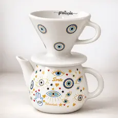 Kit Café Coador Com Bule 500ml Porcelana Olho Grego Mão