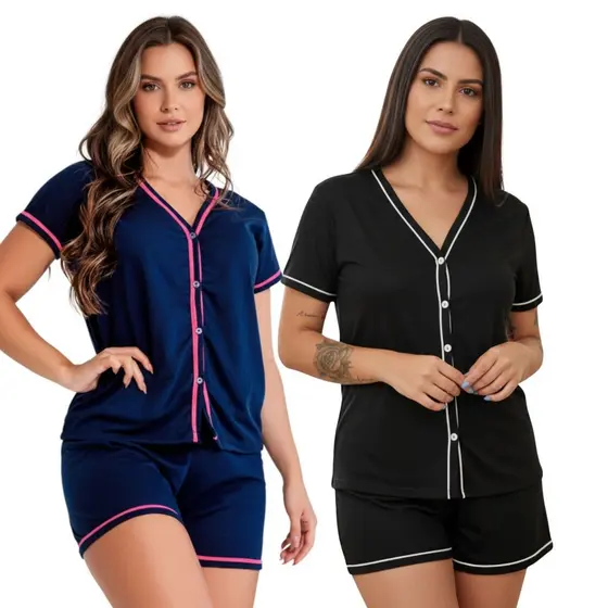 Kit 2 Pijamas Baby Doll Amamentação Americano Cirúrgico com botões em Malha
