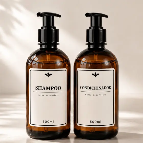 Kit 2 Frascos Shampoo e Condicionador 500ml PET Âmbar com Válvula Pump | Dispenser para Banheiro