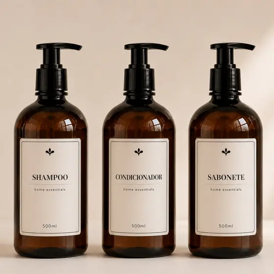 Frascos para shampoo, condicionador e sabonete 500ml âmbar kit para banheiro