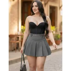 Saia Curta Plissada Alfaiataria com Short Interno e Zíper Invisível Lateral Moda Feminina